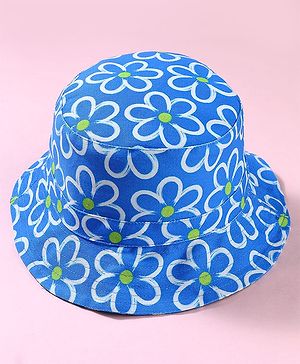 Babyhug Cotton Woven Two Layer Bucket Hat with Floral Print Blue - Diameter 17 cm