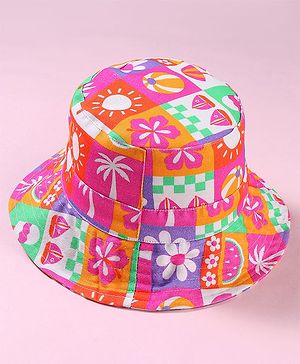 Babyhug Cotton Woven Two Layer Bucket Hat with Beach Theme Print Multicolor - Diameter 19 cm