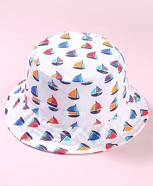 Babyhug Cotton Woven Bucket Hat With Boat Print White - Diameter 17