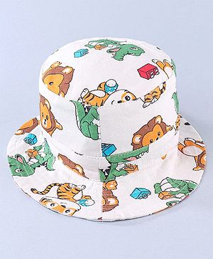 Babyhug Cotton Woven Two Layer Bucket Hat Animals Print White -Diameter 16 cm