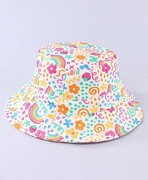 Babyhug Cotton Woven Two Layer Bucket Hat Rainbow Print White -Diameter  17 cm