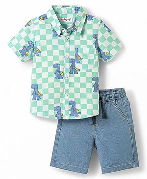 Babyhug Cotton Woven Half Sleeves Checks Shirt & Denim Shorts Set With Dino Print - Sea Green & Blue
