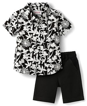 Babyhug Cotton Woven Half Sleeves Shirt & Denim Shorts Set with Floral Print - Black
