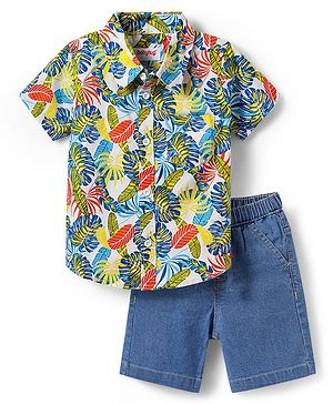 Babyhug Cotton Woven Half Sleeves Shirt & Denim Shorts Set With Leaf Print - Blue