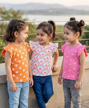 Babyhug Cotton Knit Frill Sleeves T-Shirts With Floral & Heart Print Pack Of 3 - Orange & Dark Pink