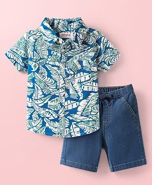 Babyhug Cotton Woven Half Sleeves Shirt & Denim Shorts With Zebra & Flamingo Print - Blue