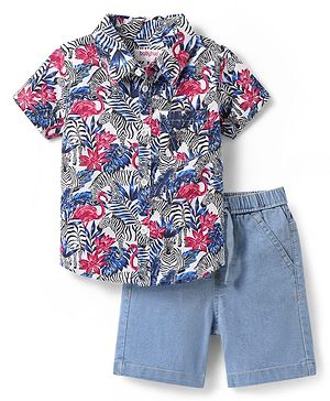 Babyhug Cotton Woven Half Sleeves Shirt & Short Set With Leaves Print - Blue