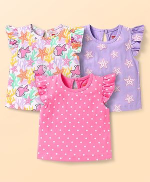 Babyhug Cotton Knit Frill Sleeves T-Shirts With Polka Dot & Sea Life Print Pack Of 3 - Pink & Purple