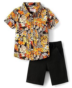 Babyhug Cotton Woven Half Sleeves Shirt & Denim Shorts Set with Tropical Theme Print - Black