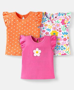 Babyhug Cotton Knit Frill Sleeves T-Shirts with Polka Dots & Floral Print Pack of 3 - Orange & Pink