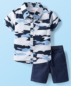 Babyhug Cotton Woven Half Sleeves Camouflage Shirt & Denim Shorts Set - Navy Blue