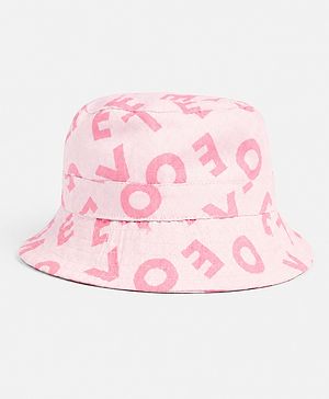 Babyhug 100% Cotton Woven Two Layer Bucket Hat Alphabet Print Pink- Diameter 16 cm