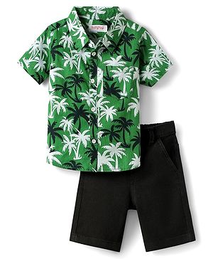Babyhug Cotton Woven Half Sleeves Shirt & Denim Shorts Set With Tree Print - Green & Black