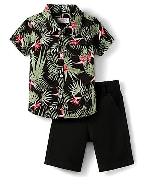 Babyhug Cotton Woven Half Sleeves Shirt & Denim Shorts Set with Leaves Print - Black
