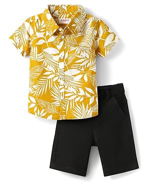 Babyhug Cotton Woven Half Sleeves Shirt and Shorts Set with Leaves Printed - Yellow & Black
