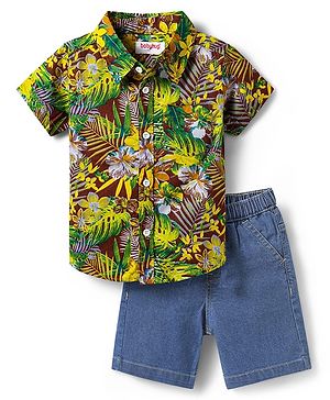 Babyhug Cotton Woven Half Sleeves Shirt & Denim Short with Floral Print - Blue