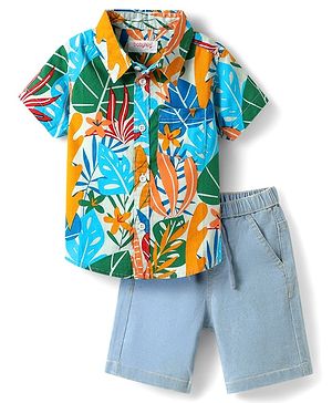 Babyhug Cotton Woven Half Sleeves Shirts and Shorts Set with Leaves Print - Light Blue