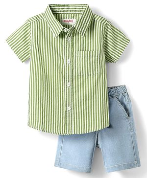 Babyhug Cotton Woven Half Sleeves Shirts and Shorts Set with Stripes - Light Green