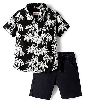 Babyhug Cotton Woven Half Sleeves Shirt & Denim Shorts Set With Tree Print - Black & White