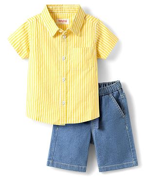 Babyhug Cotton Woven Half Sleeves Striped Shirt & Denim Shorts Set - Yellow & Blue
