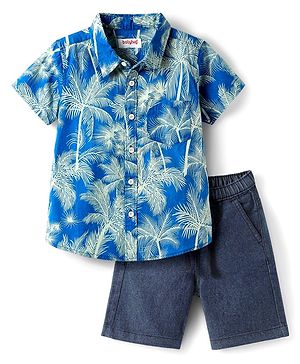 Babyhug Cotton Woven Half Sleeves Shirt & Denim Shorts Set With Tree Print - Blue