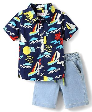 Babyhug Cotton Knit Half Sleeves Shirt & Shorts Set with Beach Theme Print - Navy & Light Blue