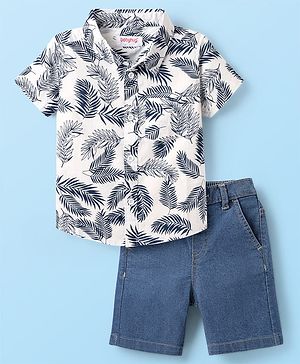Babyhug Cotton Woven Half Sleeves Shirt & Denim Shorts with Leaves Print - White & Blue