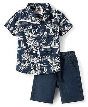 Babyhug Cotton Woven Half Sleeves Shirts and Shorts Set with Leaves Print  - Navy Blue