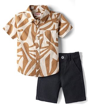 Babyhug Cotton Woven Half Sleeves Shirts and Shorts Set With Abstract Print - Tan & Black