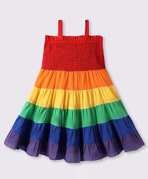 Babyhug Woven Singlet Sleeves Tiered Frock with Smock Detailing - Red & Yellow