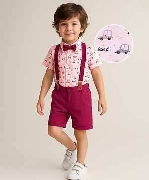 Babyhug Knit Half Sleeves Car Printed Shirt & Shorts Set with Bow & Suspender - Maroon & Light Pink