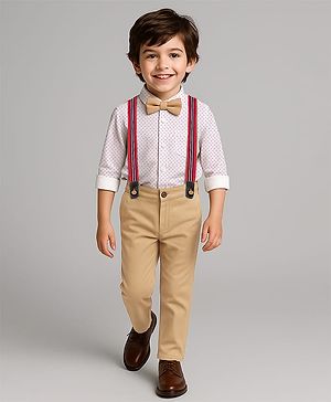 Babyhug Knit Full Sleeves Polka Dots Printed Shirt & Trouser Set with Bow & Suspender - White & Beige