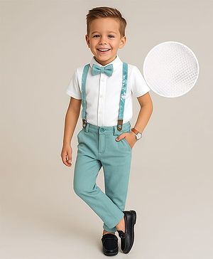 Babyhug Knit Half Sleeves Solid Shirt & Trouser With Bow & Suspender - White & Green