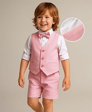 Babyhug Knit Full Sleeves Solid 3 Piece Party Suit With Bow - Peach & White