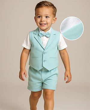 Babyhug Knit Half Sleeves Solid 3 Piece Party Suit With Bow - Mint Green