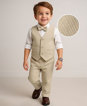 Babyhug Knit Full Sleeves Solid 3 Piece Party Suit With Bow - Beige