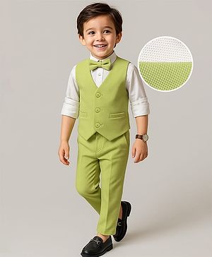 Babyhug Woven Full Sleeves Solid Color 3 Piece Party Suit with Shirt Waistcoat Trousers and Bow - White & Light Green