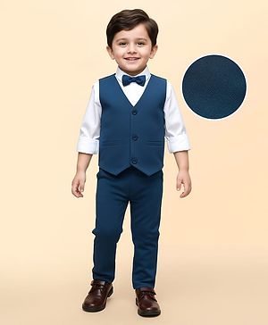 Babyhug Knit Full Sleeves 3 Piece Party Suit Set With Bow - Teal Blue & White