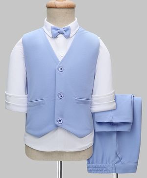 Babyhug Knit Full Sleeves Solid Color 3 Piece Party Suit with Bow Applique - White & Blue