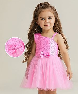 Babyhug Woven Sleeveless Fit & Flare Mesh Party Dress with Bow Applique & Sequin Embroidery - Pink