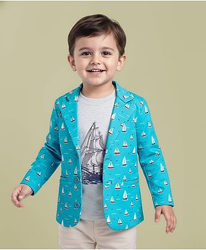 Babyhug Knit Full Sleeves Boat Printed Blazer With T-Shirt - Light Blue