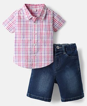 Babyhug Cotton Knit Half Sleeves Checks Shirt & Denim Shorts Set - Multicolor