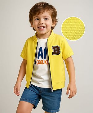 Babyhug Knit Half Sleeves Jacket With Text Printed Inner Tee - Yellow & White