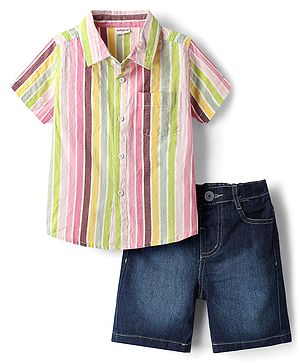 Babyhug Cotton Knit Half Sleeves Shirt & Shorts Set with Stripes - Navy Blue