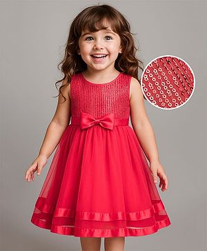 Babyhug Woven Sleeveless Fit & Flare Party Dress with Bow Applique & Sequin Detailing - Red