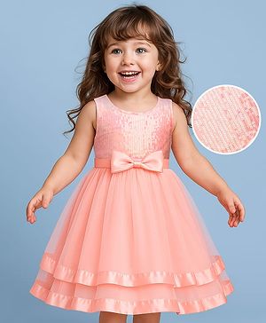 Babyhug Woven Sleeveless Party Dress With Bow Applique & Sequin - Peach