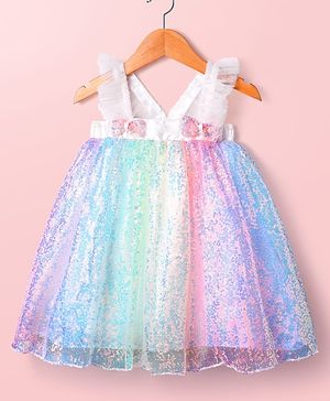 Babyhug Woven Frill Sleeves Mesh Party Dress with Sequin Detailing & Bow Applique - White