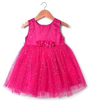 Babyhug Woven Sleeveless Fit & Flare Mesh Party Dress with Glitter Print & Floral Corsage - Dark Pink