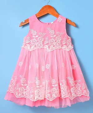 Babyhug Woven Sleeveless Mesh Party Dress with Floral Embroidery - Pink