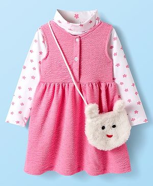 Babyhug Cotton Knit Textured Frock with Full Sleeves Floral Printed Inner Tee & Sling Bag - Pink & White